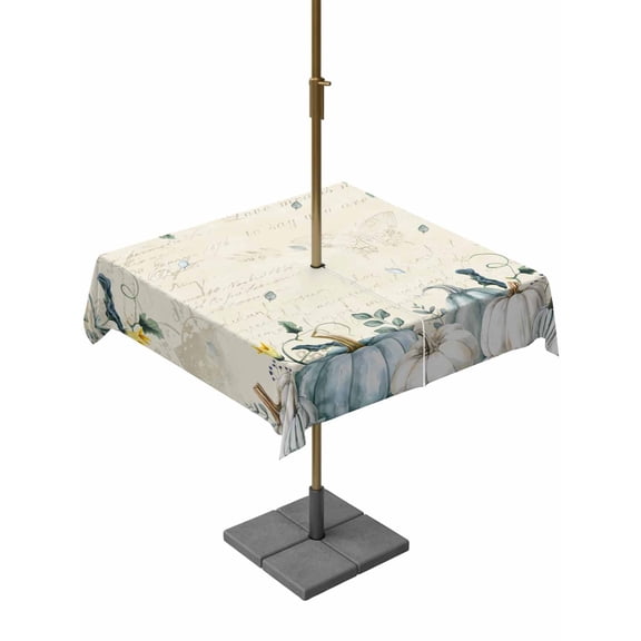 Outdoor Tablecloth with Umbrella Hole and Zipper, Thanksgiving Square Table Cloth 60x60 Inch Waterproof Tablecloth, Fall Pumpkin Blue White Pumpkin Leaves Picnic Table Cover for Patio Camping