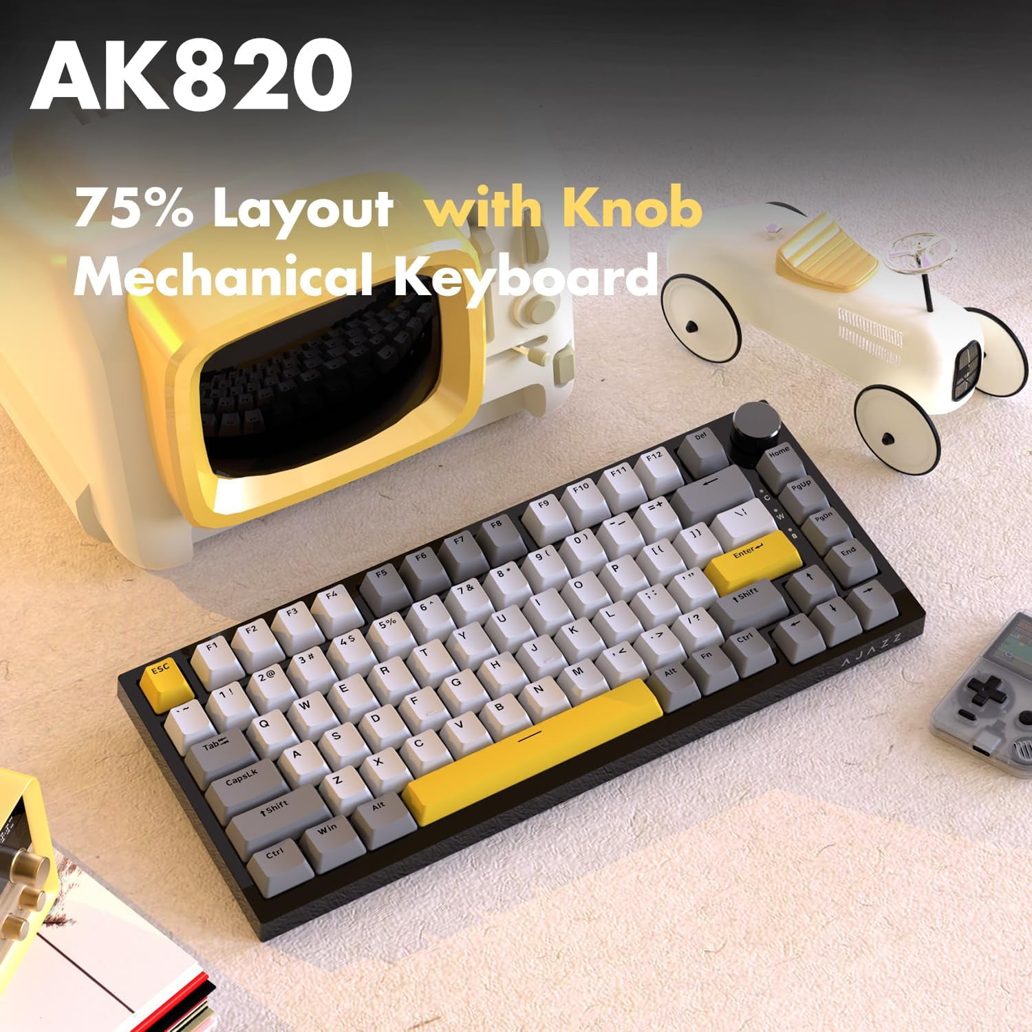 AJAZZ AK820 Mechanical Keyboard with CNC Knob Control, 75% ANSI Layout, 81Keys Gasket Mount Wired Gaming Keyboard, 5 Sound Absorbing Foam Hot-swap for PC, MAC