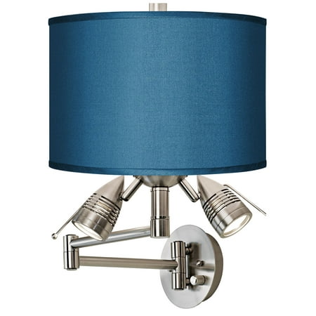 

Possini Euro Design Modern Swing Arm Wall Lamp LED Brushed Nickel Plug-In Light Fixture Blue Faux Silk Shade for Bedroom Bedside