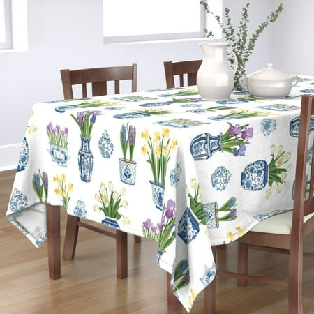 

Cotton Sateen Tablecloth 70 x 108 - Floral Pots Vases Tulips Flowers Chinoiserie Delft Print Custom Table Linens by Spoonflower