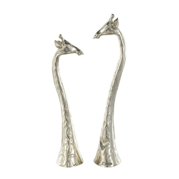 28", 27"H Silver Aluminum Metal Tall Giraffe Sculpture with Spotted Texturing, by DecMode (2 Count)