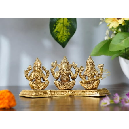 Brass Laxmi Ganesh Saraswati Idol | Ganesha Statue | Ganpati Murti | for Home Decor | Gift | (Gold)
