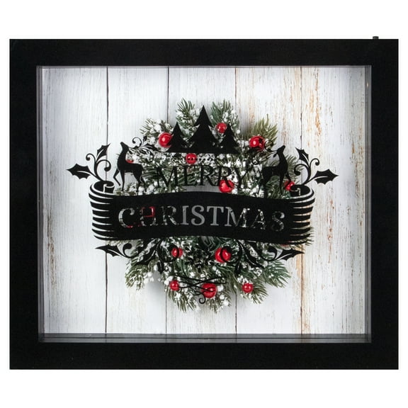 Northlight LED Lighted Framed Wreath "Merry Christmas" Box Wall Art Decoration - 14" - Black