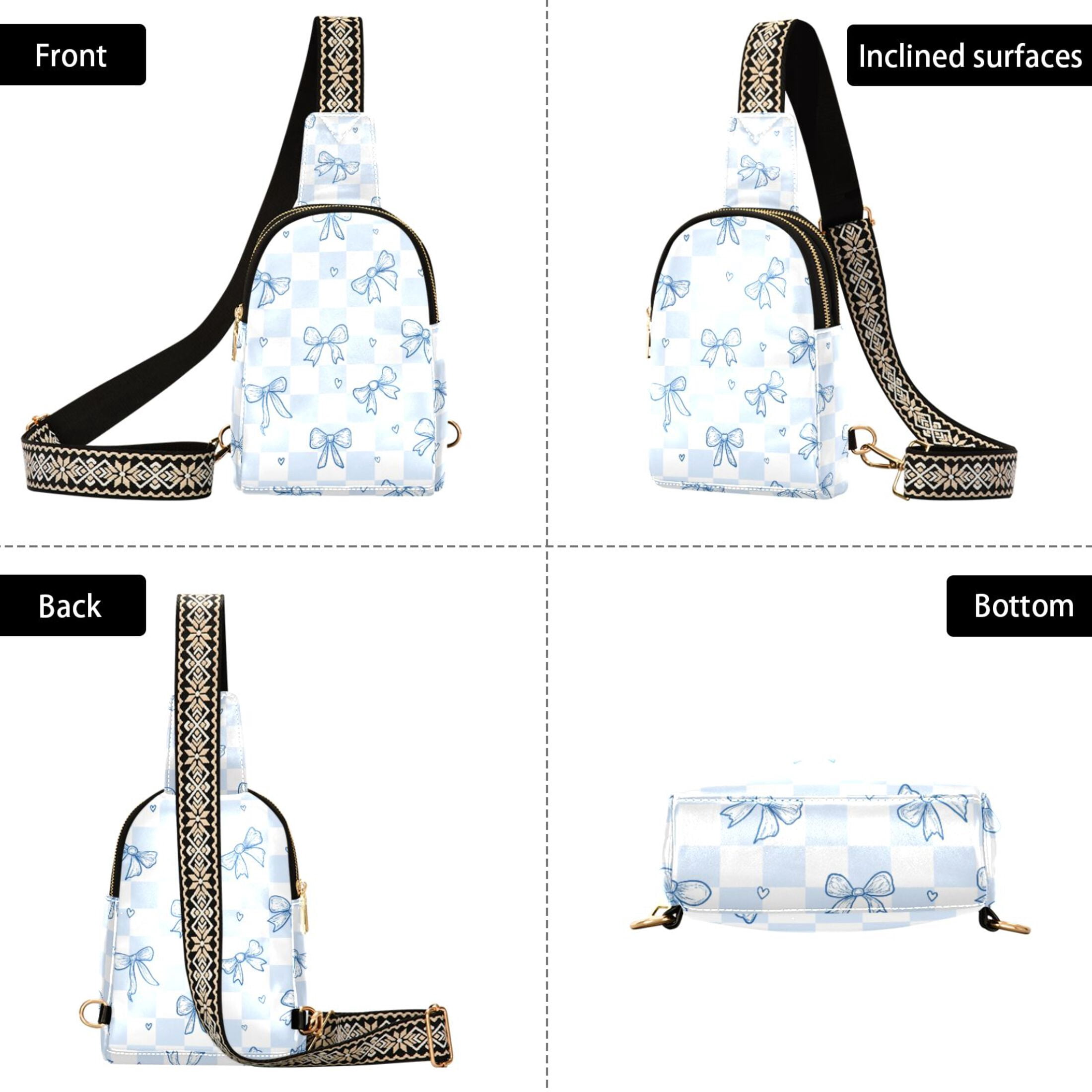 ALAZA Blue Bow Checkered Sling Bag for Women Men Waterproof Crossbody Chest Bags
