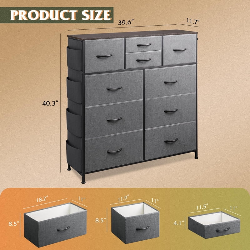 Kelno 10 Drawer Fabric Dresser Storage Organizer with Side Pockets Sturdy Metal Frame Wood Top, Gray