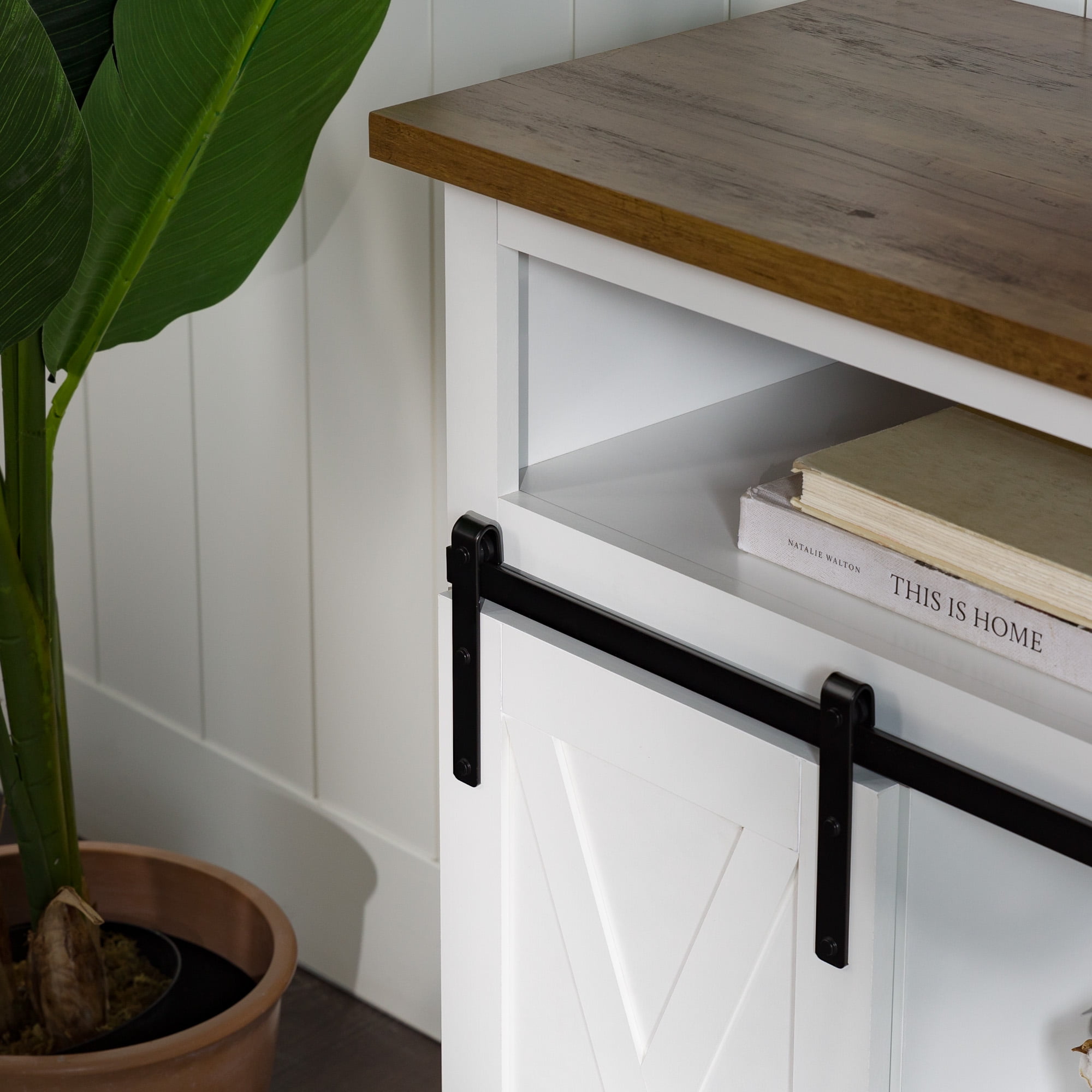 Walker Edison Farmhouse Barn Door TV Stand for TVs up to 60", Solid White & Rustic Oak