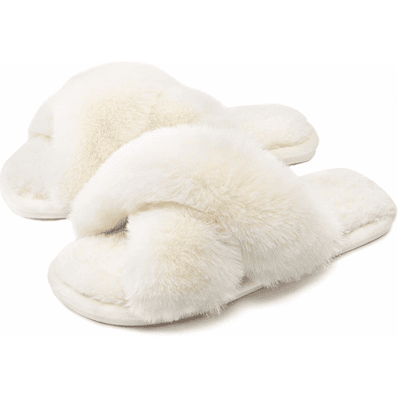 

Wish Women s Fuzzy Slippers Cross Band Soft Plush Cozy House Shoes Furry Open Toe Indoor or Outdoor Slip on Warm Breathable Anti-skid Sole Beige Size: 42-43 S604