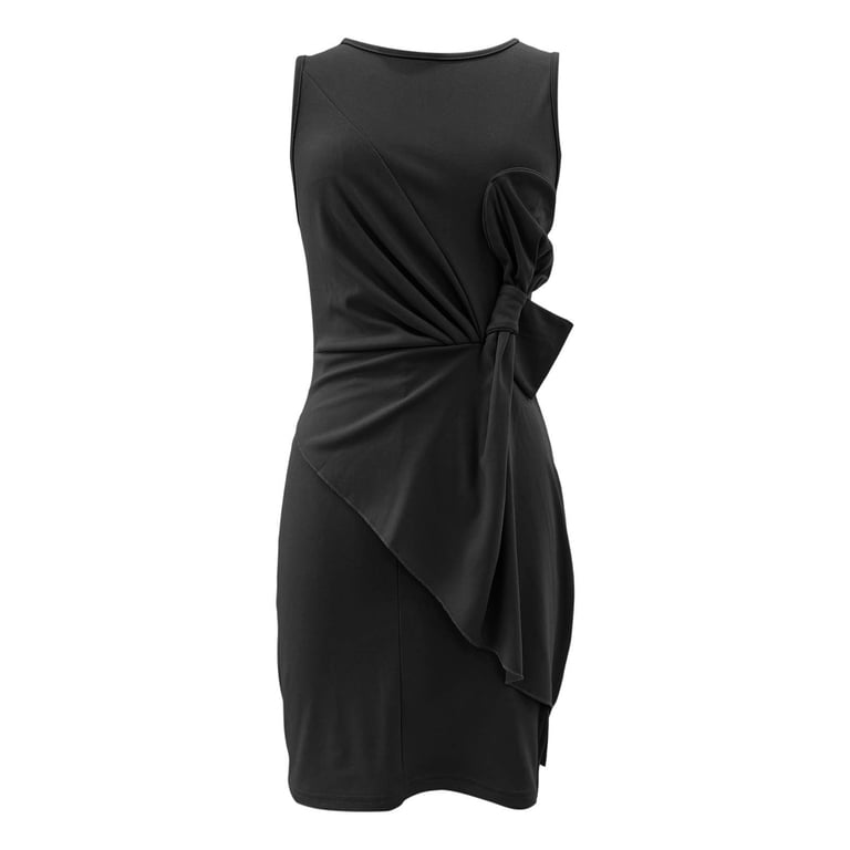 black satin graduation dress Tisuna For Women Solid Color Sleeveless Crew Neck Tank Dress With Bow Tie Ladies Elegance Flowy Midi Dresses Size S soi:high_stretch