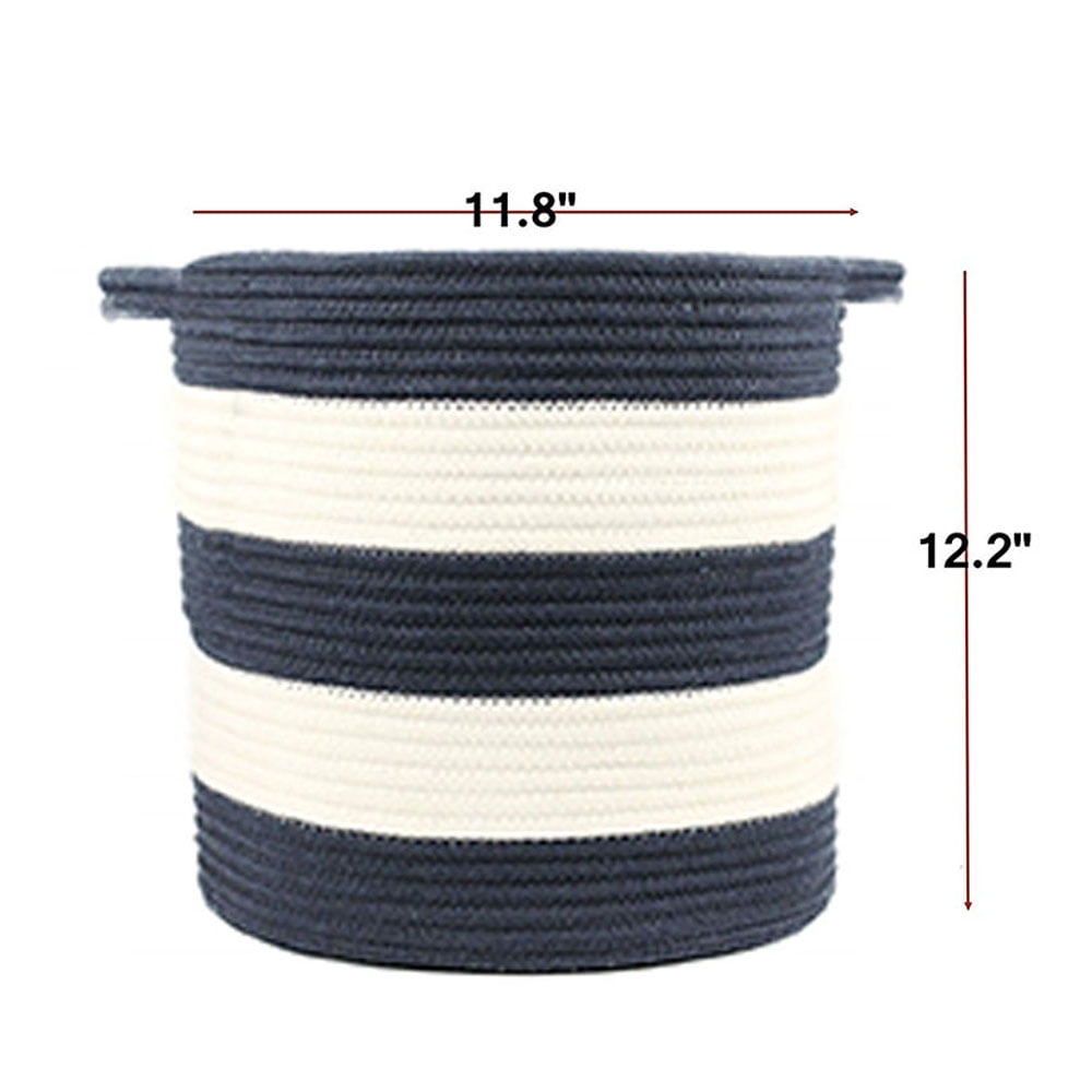 A*Homeist Medium Size Cotton Rope Storage Baskets Baby Laundry Hamper with Handles,  12.2x11.8",  Navy Blue and White