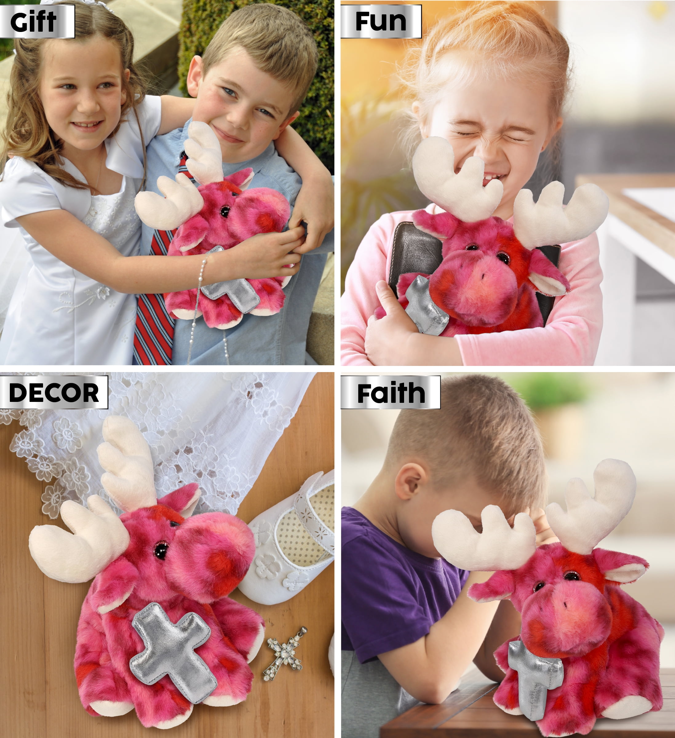 DolliBu Pink Tie-Dye Floppy Moose Stuffed Animal with Silver Cross Plush - Religious Baptism Gifts for Boys and Girls, Dedication Christening Gifts Plush Prayer Toy Healing Stuffed Animal - 9 Inches