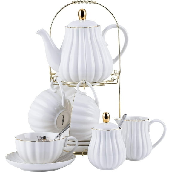 Porcelain Tea Set- 8 OZ White Coffee Cup/Teacup, Saucer, Spoons, Teapot and Creamer set, 17-  eces (FD-TW17PC SET, White)