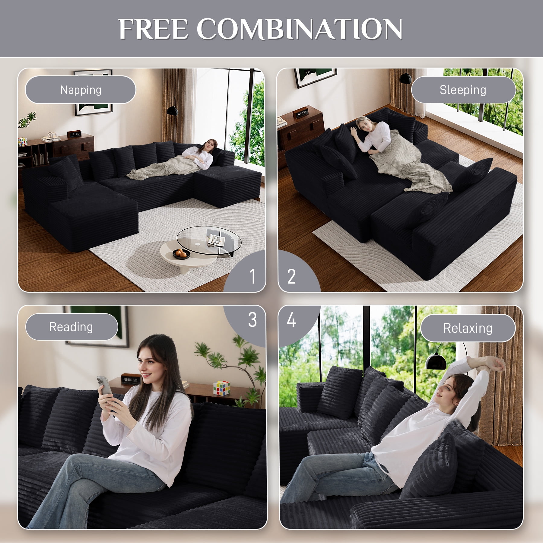 Wiilayok U Shaped Sectional Sofa,Modular Cloud Corduroy Sofa Couch with Extra Deep Seat for Living Room Sofa, No Assembly, Black