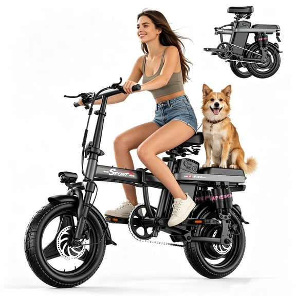 ASKGO 1200W Electric Bike for Adults Teens, 48V 14Ah Folding Ebike, 25MPH & 30 Miles Range, 14" Commuting Ebike with Dual Suspension & Dual Brake, 3-Speed Modes, Portable Electric Mini Bike,UL2849