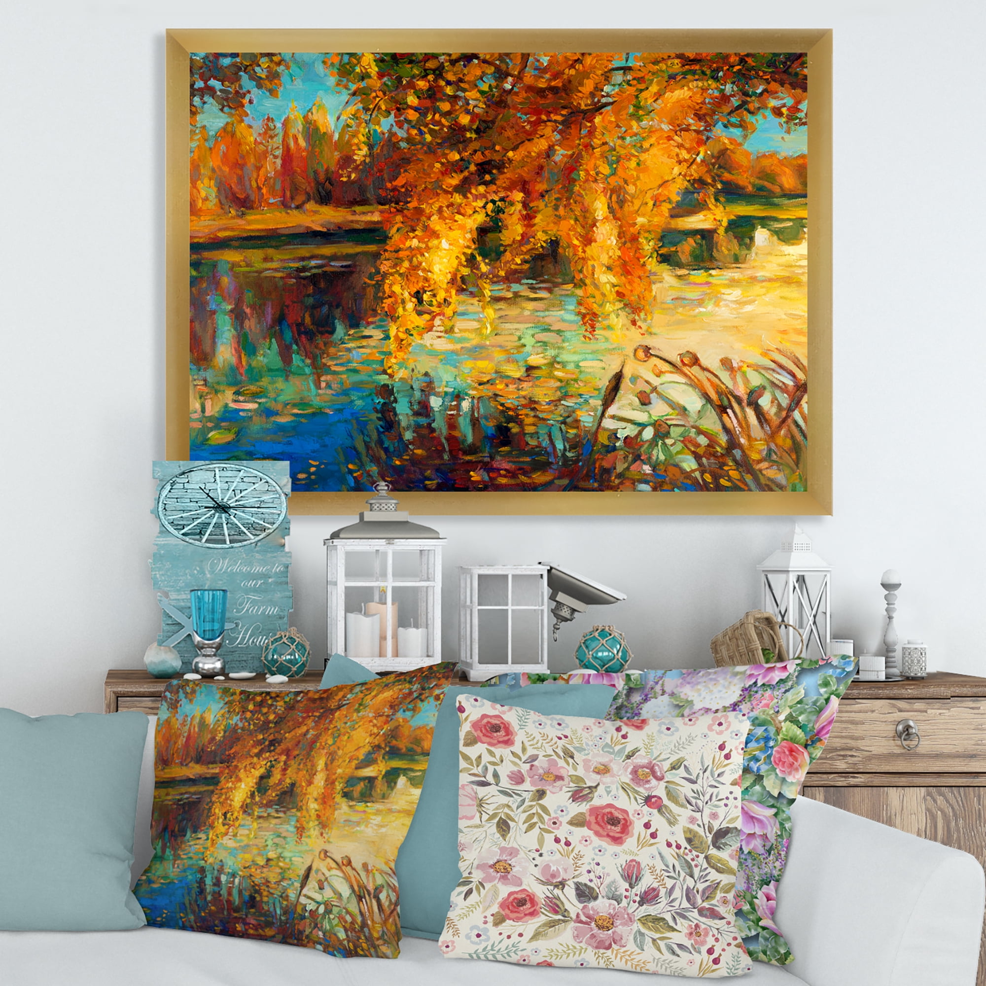 Designart 'Orange Autumn Forest Reflects On River' Lake House Framed Art Print
