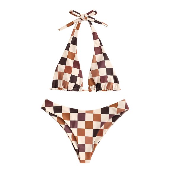 Bikini ZAFUL Triangle, traje de baño halter de 2 piezas, a cuadros café