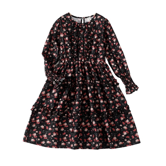 LUOGENLI Dresses For Girls Size 12 White And Blue Girl's Floral Print Long Sleeve Round Neck Flounce Ruffle Hem Midi Dress Graduation Dresses For Girls 10-12 9-10 Years