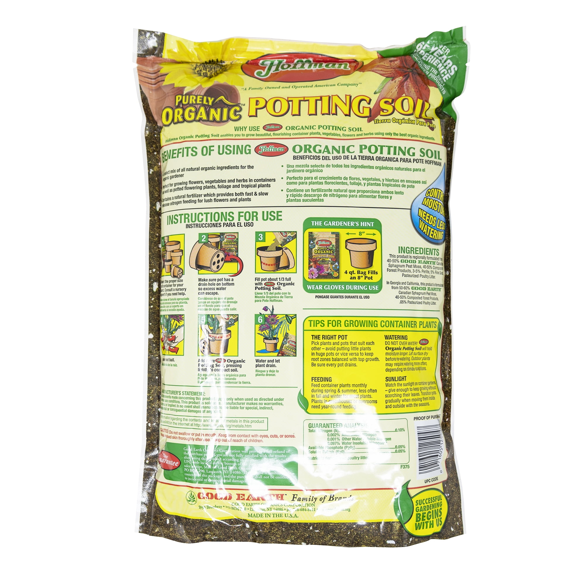 Hoffman Purely Organic Potting Soil with Moisture Control, 8 Quarts