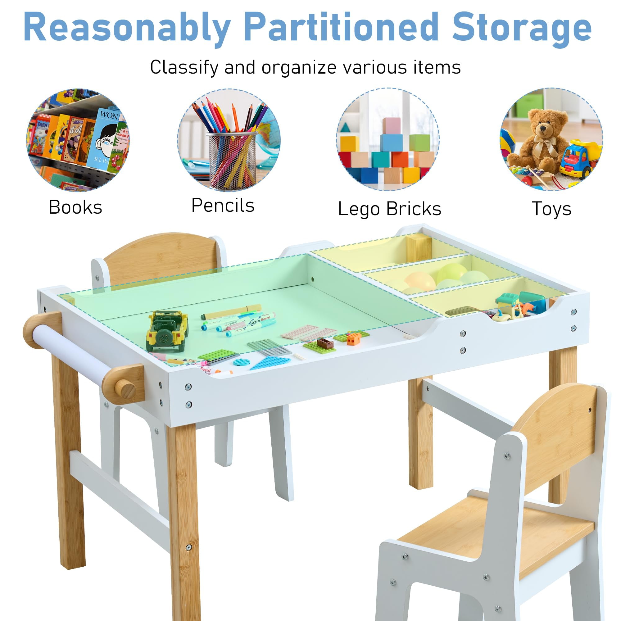 Kids Activity Table with Storage, 3 in 1 Kids Table Compatible with Lego Building Block for Boys Girls, Wooden Desk Reversible Tabletop for Toddler Arts,Drawing, Reading