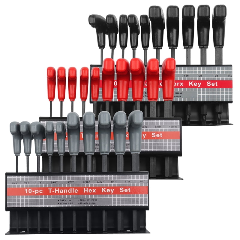 10pc Metric or Inch T-Handle Hex Key Allen Wrench Tool Set or Star T-Handle Hex Key Set with Convenient Storage Stand