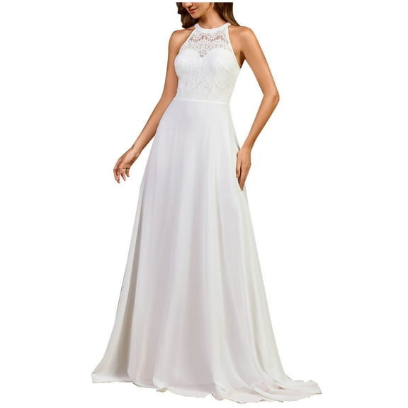 ZQUUVOU Women's Lace Wedding Gown Solid Color Sleeveless Halter Neck Bridal Party Dress Floor Length Bridesmaid Dress White