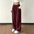 thumbnail image 5 of Womens Casual Wide Leg Pants, Elastic Waist Drawstring Solid Color Loose Trousers with Pockets, Lounge Pants for Work Home Daily Travel Wear | VerBelle,Wine XL, 5 of 8