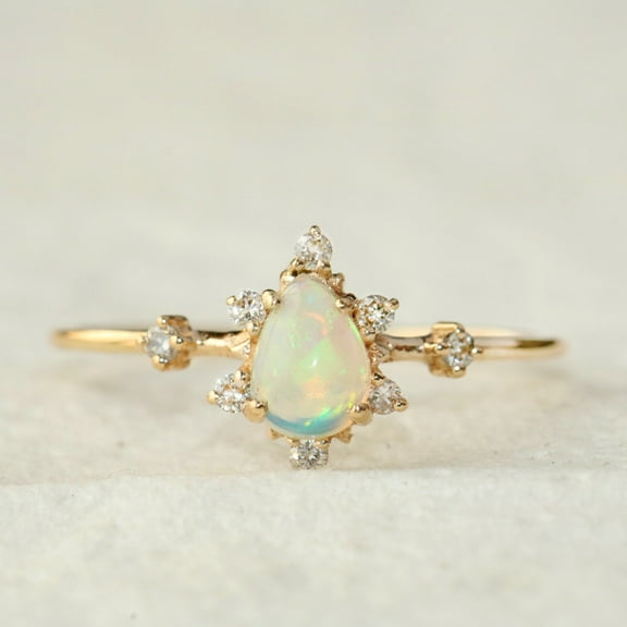 Pear Opal and Diamond Ring, Diamond Engagement Ring, 18k Gold Filled Silver Ring, Delicate Women Jewelry, Handmade Jewelry,Birthstone Ring, Gift For Her