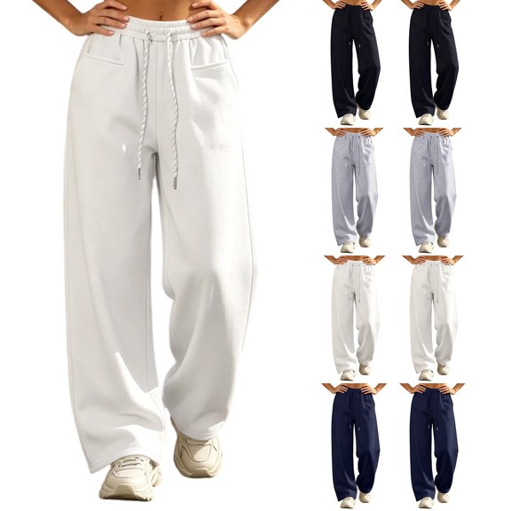 Hzzrkos Women Casual Loose Solid Color High Waist Wide Leg Long Pants With Side Pockets for Daily Street Outfits