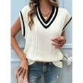 thumbnail image 5 of Oversized Sweater Vest for Women V Neck Cap Sleeve Cable Knit Vest Loose Striped Pullover Tank Tops White M, 5 of 7
