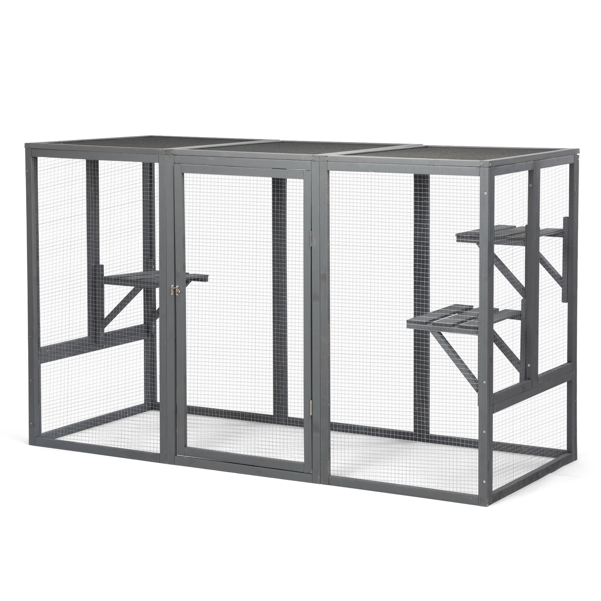 Pefilos 71 Inch Wooden Cat Cage with Waterproof Roof and Adjustable Pedals Suitable Rabbit Hutch, Gray Pefilos 71 Inch Wooden Cat Cage with Waterproof Roof and Adjustable Pedals Suitable Rabbit Hutch, Gray