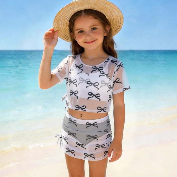 Odeerbi Conjunto de Trajes de Baño de 4 Piezas Para Niñas de 8-13 Años Conjunto de Bikini de Impresión de Arco de Verano + Cubierta de Manga Corta + Cubiertas de Sarong