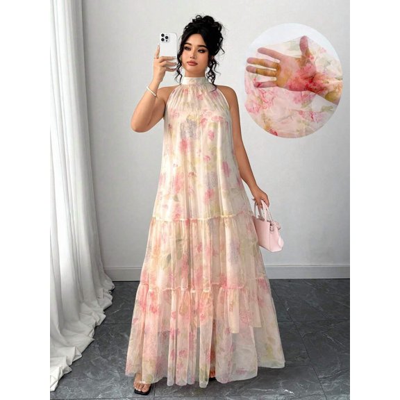 Beige Floral Mesh Sleeveless High-Neck Tiered Maxi Dress For Women