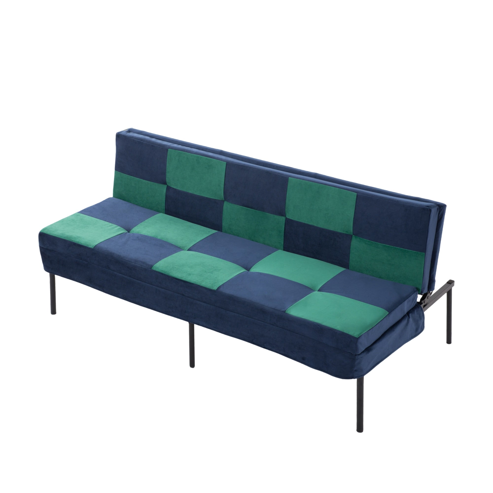DEALTOPS 63" Checkered Velvet Futon, 2-in-1 Dual-Tone Convertible Sleeper Sofa with 5-Position Recline, Blue