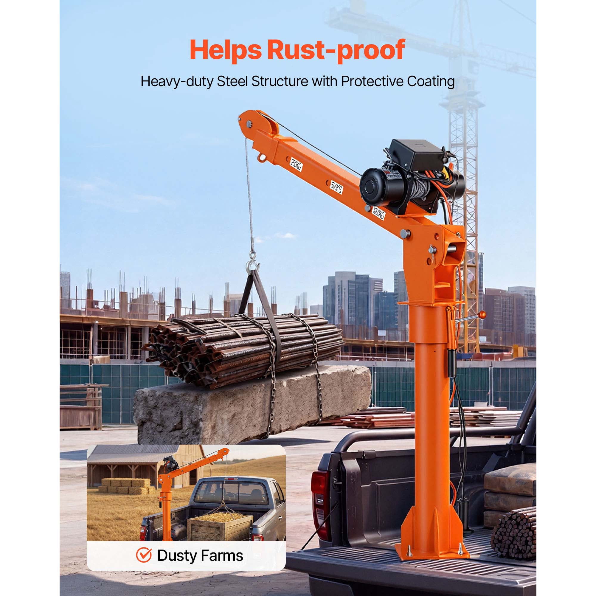 KFFKFF Electric Truck Crane, 2200 lbs Capacity with 12V 6000 lbs Electric Winch, 360° Rotating Telescopic Boom, Durable Galvanized Steel, Foldable Design for Lifting Machinery and Lumber