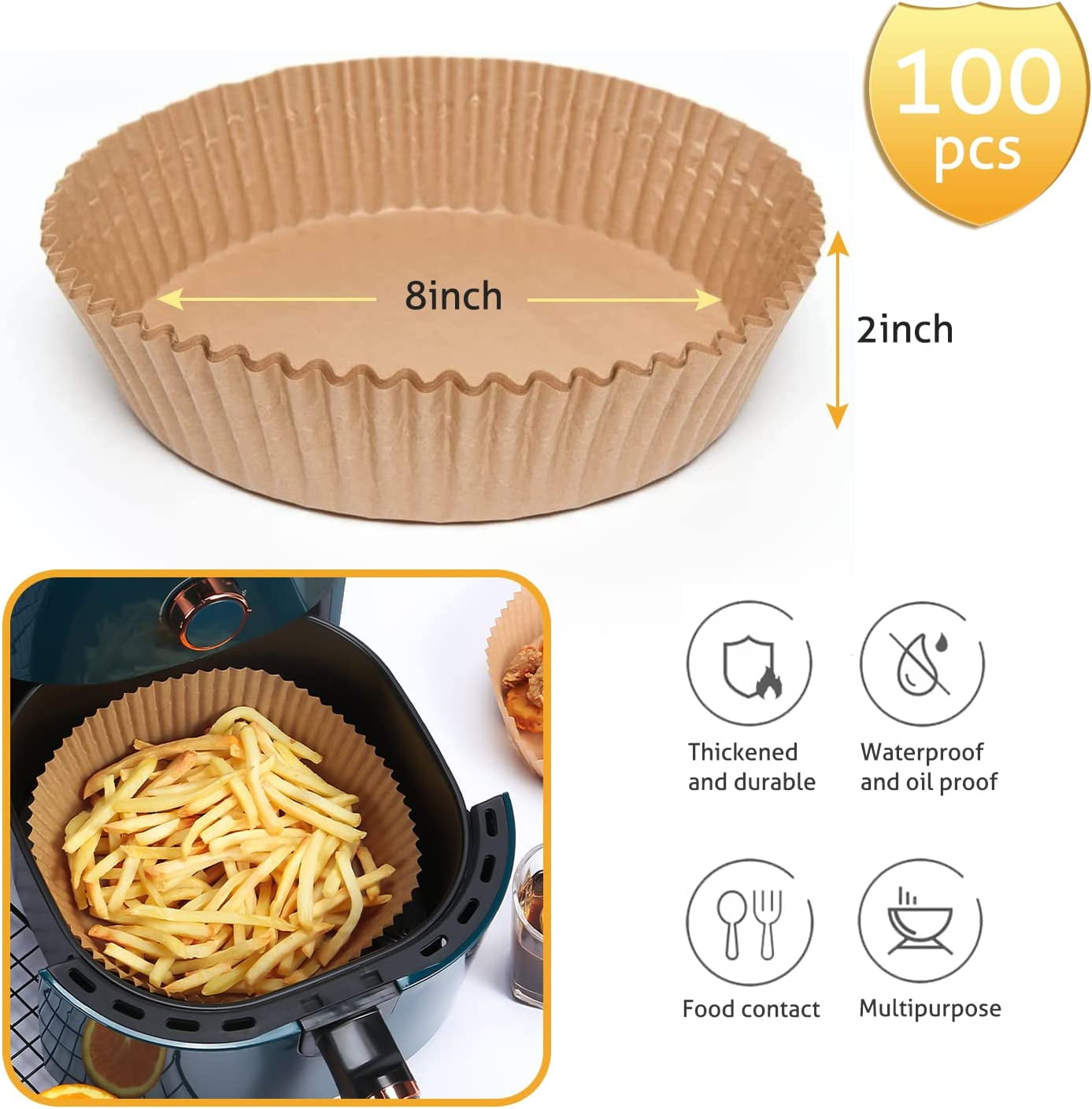 M BUDER Non-stick and Water Proof Parchment Paper - 120 Pcs Air Fryer  Disposable Paper Liner for Frying, Baking, Cooking, Roasting - Oil-proof