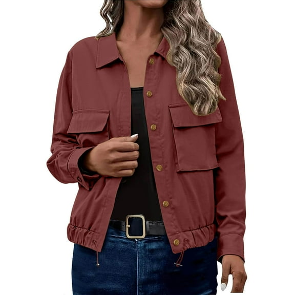 Mifsaly Fall Coats for Women 2025 Lapel Button Down Bomber Jacket Long Sleeve Drawstring Hem Lightweight Outerwear with Pockets Fit Work Street