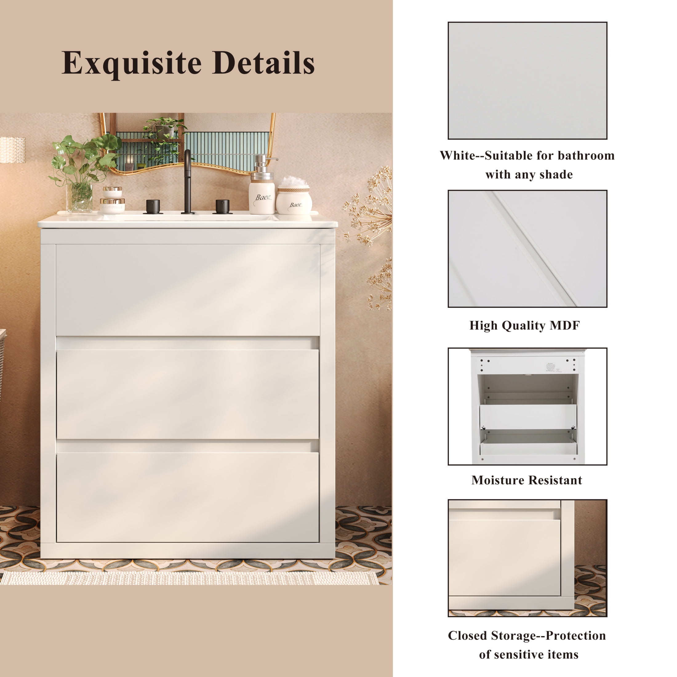 Christopher Knight Home 30" Bathroom Vanity with Sink, Soft-Close Drawers & Beveled Handleless Design, White