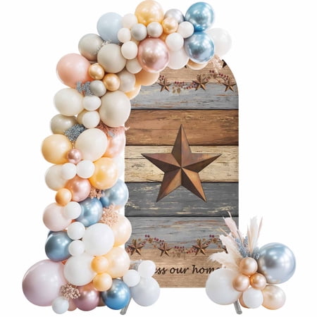 Country Stars Arch Backdrop Cover 5 FT Vintage Blue Wood Grain Bless Our Home Farmhouses Stretchy Elastic Arch Stand Covers Spandex Arched Background Birthday Wedding Party Decoration (No Stand)