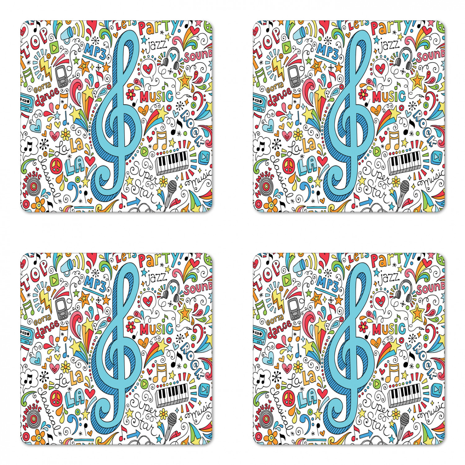 Music Coaster Set of 4, Big Clef with Notebook Doodle Style Items ...