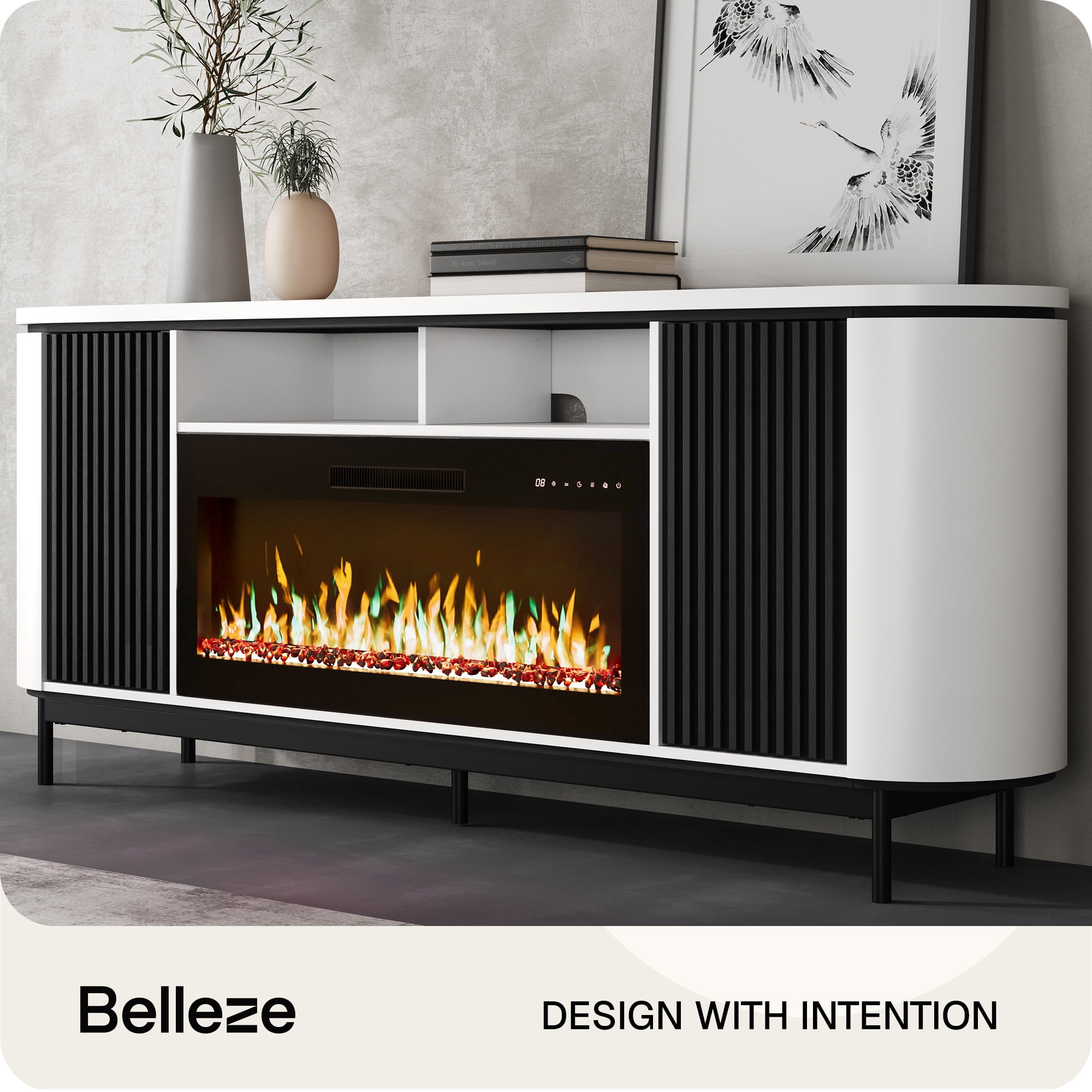 BELLEZE 76" Fluted TV Stand with 36" Electric Fireplace, Large Entertainment Center with Storage for TVs up to 80", Modern Media Console TV Cabinet for Living Room and Bedroom, White
