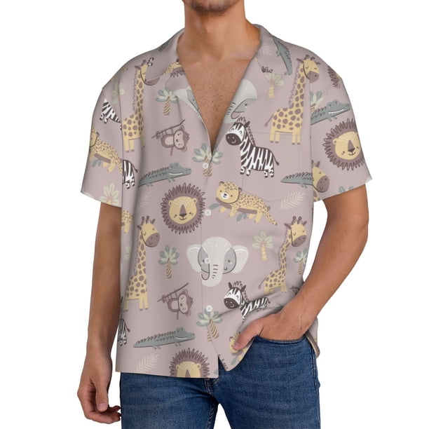 Balery Safari Animals Camisa Casual de Manga Corta con Botones para Hombre, Texturizada, Estilo Cubano, para Playa, Verano-3X-Large