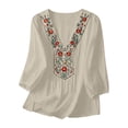 thumbnail image 5 of Boho Embroidered Tunic Tops for Women - Floral V-Neck Peasant Blouse, Loose Fit 3/4 Sleeve Casual Summer Shirt Beige L, 5 of 8