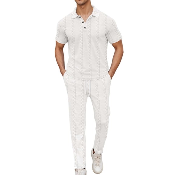 KKBOTIVE Mens 2pc Outfit Set Button Up Fashion Short Sleeve T Shirt Tops with Short/long Pant Summer Adult Tracksuits, White Size: S