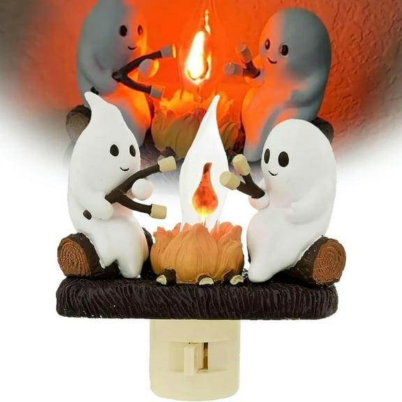 Ghost Roasting Campfire Flicker Flame Night Light, Ghost Roasting Marshmallows Night Light, Ghost Pumpkin Night Light Dusk to Dawn Led Lamp, Funny Halloween Decor