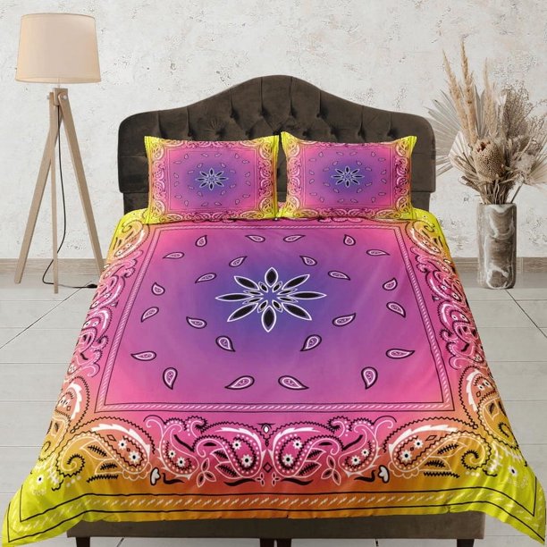 Funda para Doona Bandana Paisley Rosa Amarilla, Estética Decoración de Habitación Juego de Cama