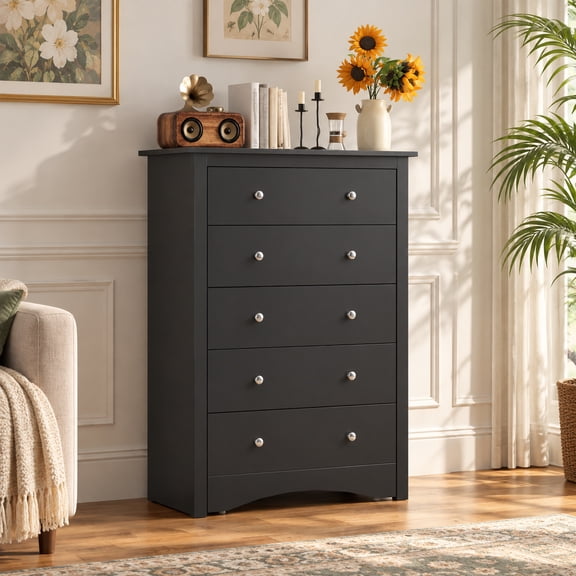 Homall 5 Drawer Chest for Bedroom, Modern Tall Dresser with Smooth-Gliding Drawers, Black