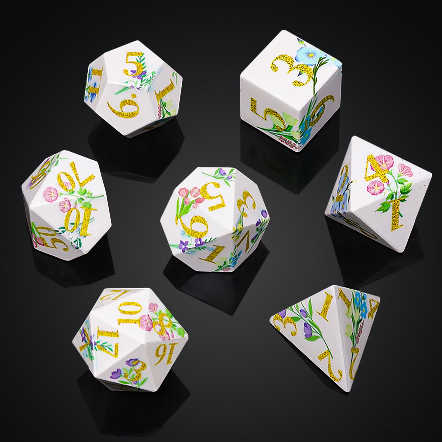 SWAJUJA DND Dice Set, 7 Piece Sharp Edge Polyhedral Dice with Metal Box, Floral Theme Design for Dungeons and Dragons