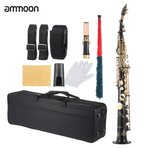 ammoon Brass Straight Soprano Sax Saxophone Bb B Flat Woodwind Instrument Natural Shell Key Carve Pattern with Carrying Case Gloves Cleaning Cloth Straps Cleaning Rod