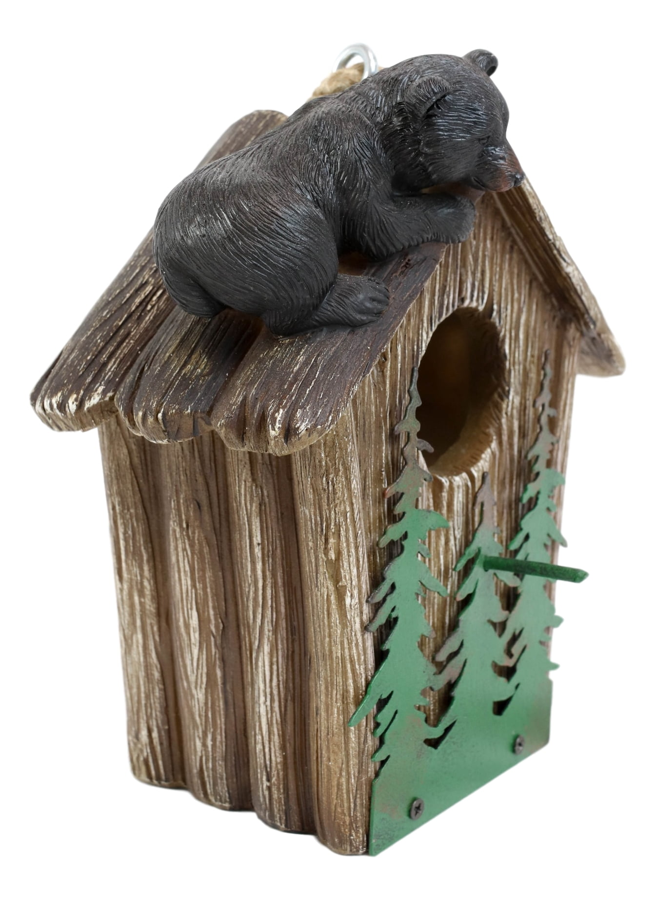 Rustic Black Bear Cub Climbing Pine Trees Birdhouse Roof Hanging Bird Feeder
