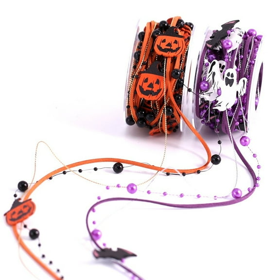 Yhmxh Halloween Ribbon for DIY Crafts, 15ft Orange Pumpkin/Purple Ghost Bat Ribbon, Halloween Tree Ribbon Bead Ribbon for Gift Wrapping Halloween Party Decorations
