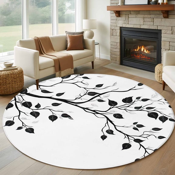 Black Botanical Round Area Rug 6 FT, Non Slip Bedroom Area Rug, Watercolor Summer Botanical Washable Soft Circular Carpet Non-Shedding Floor Mat for Kitchen Dining Room Home Office Kids Room
